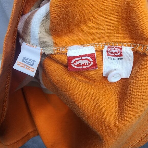 Vintage Y2k Ecko Unltd Unlimited Logo Patch Orange Striped Rugby Button Up Large - Picture 6 of 15